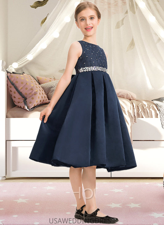 Jayleen A-Line Scoop Neck Knee-Length Satin Lace Junior Bridesmaid Dress With Beading Bow(s) DSP0013559