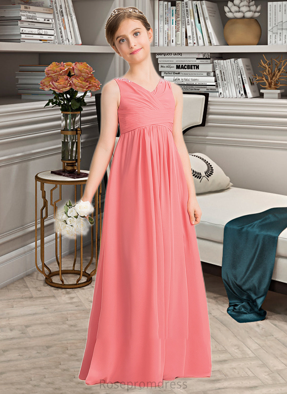 Rosemary EmpireV-neckFloor-LengthChiffonJuniorBridesmaidDressWithRuffleBeadingSequins#173291 SRSP0013562