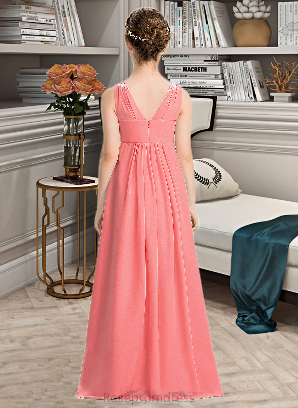 Rosemary EmpireV-neckFloor-LengthChiffonJuniorBridesmaidDressWithRuffleBeadingSequins#173291 SRSP0013562