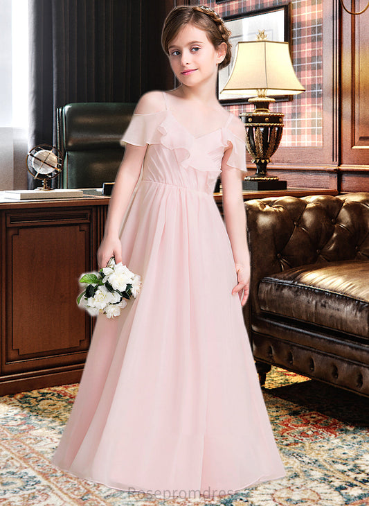 Elisabeth A-Line V-neck Floor-Length Chiffon Junior Bridesmaid Dress With Cascading Ruffles SRSP0013567