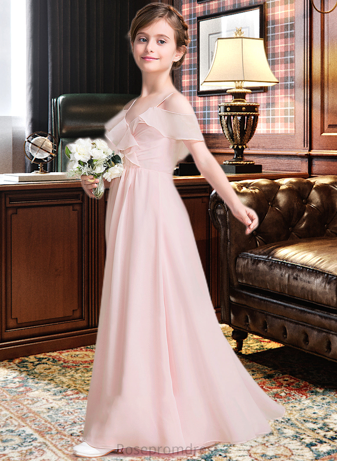 Elisabeth A-Line V-neck Floor-Length Chiffon Junior Bridesmaid Dress With Cascading Ruffles SRSP0013567