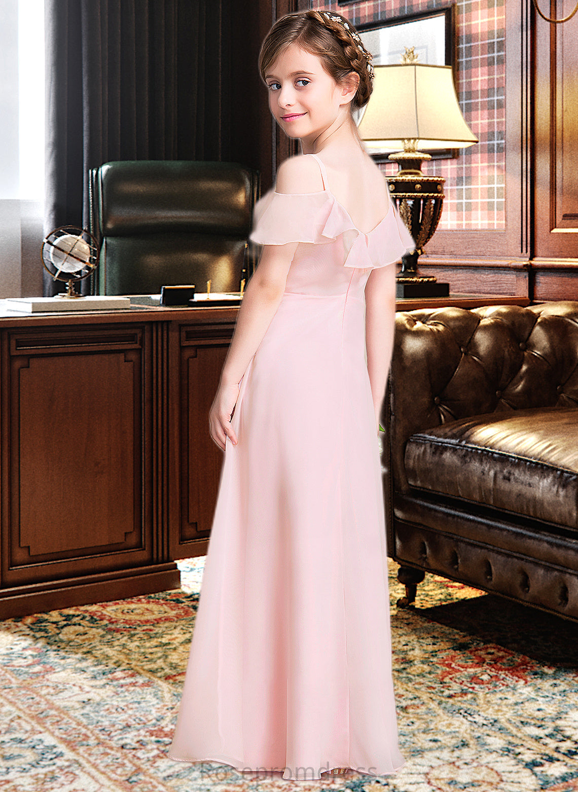 Elisabeth A-Line V-neck Floor-Length Chiffon Junior Bridesmaid Dress With Cascading Ruffles SRSP0013567