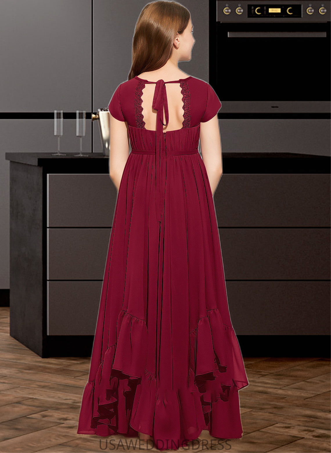 Alisson A-Line Scoop Neck Floor-Length Chiffon Junior Bridesmaid Dress With Appliques Lace Bow(s) Cascading Ruffles DSP0013573