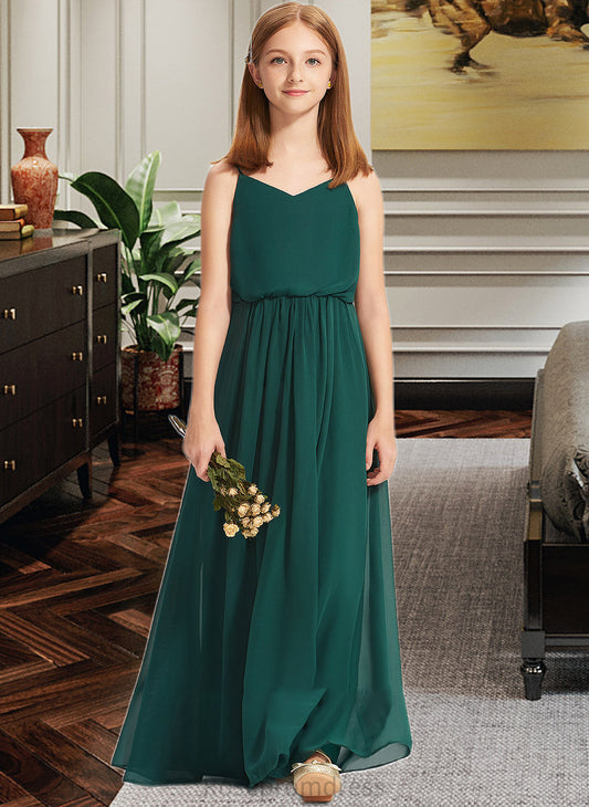 Carissa A-Line V-neck Floor-Length Chiffon Junior Bridesmaid Dress With Ruffle SRSP0013606