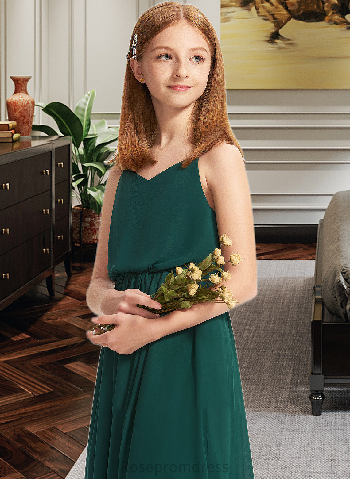 Carissa A-Line V-neck Floor-Length Chiffon Junior Bridesmaid Dress With Ruffle SRSP0013606