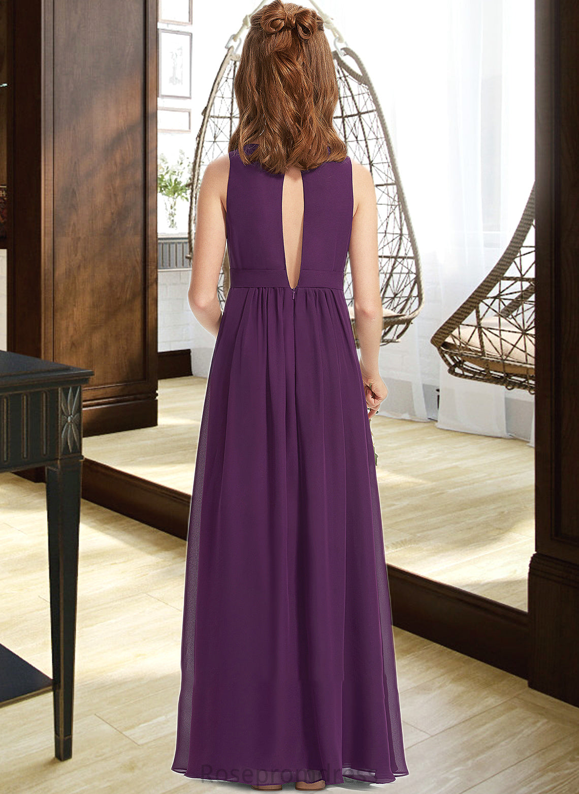 Keely A-Line V-neck Floor-Length Chiffon Junior Bridesmaid Dress With Ruffles SRSP0013607