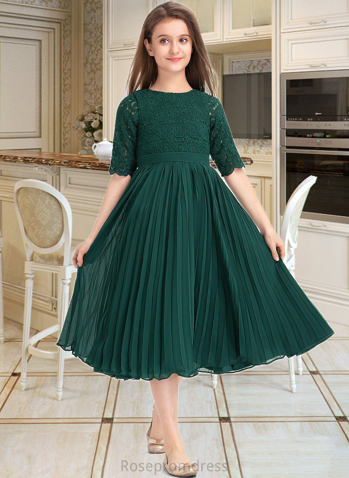 Nathaly A-Line Scoop Neck Tea-Length Chiffon Lace Junior Bridesmaid Dress With Pleated SRSP0013608