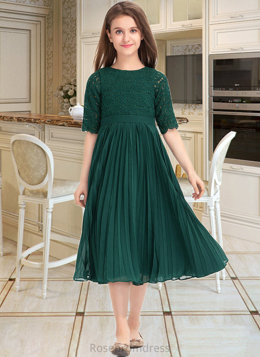 Nathaly A-Line Scoop Neck Tea-Length Chiffon Lace Junior Bridesmaid Dress With Pleated SRSP0013608