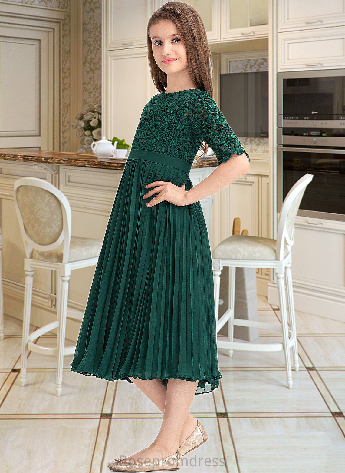 Nathaly A-Line Scoop Neck Tea-Length Chiffon Lace Junior Bridesmaid Dress With Pleated SRSP0013608
