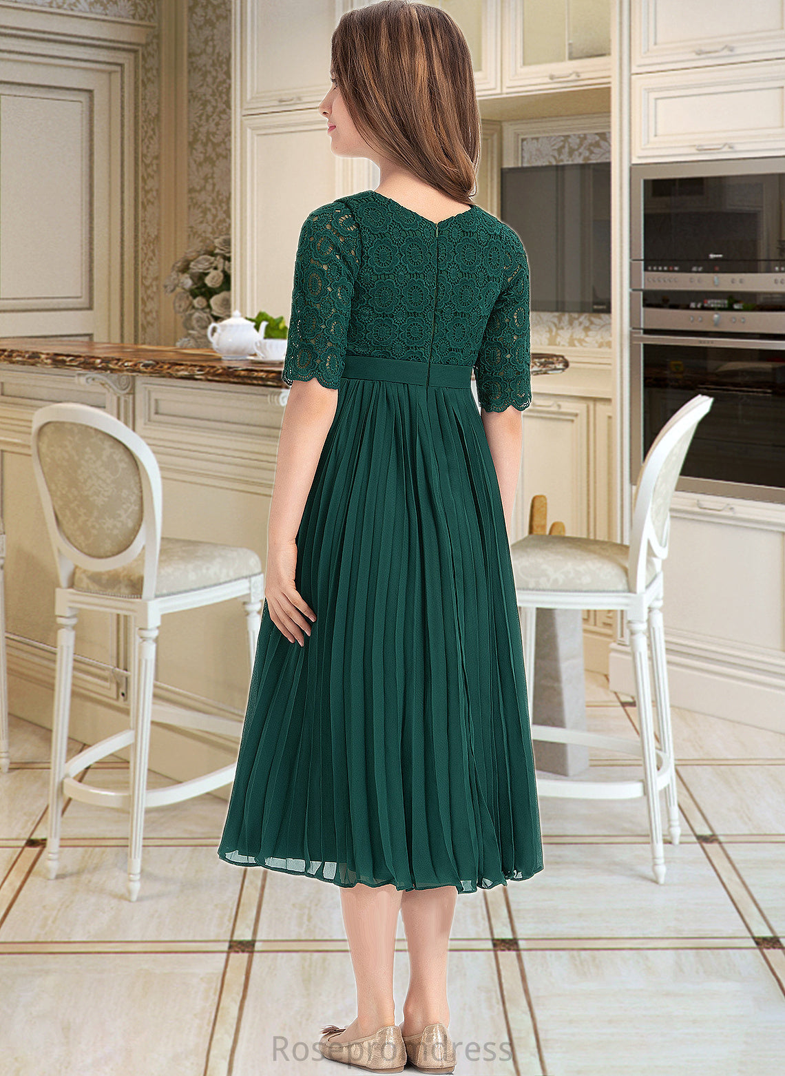 Nathaly A-Line Scoop Neck Tea-Length Chiffon Lace Junior Bridesmaid Dress With Pleated SRSP0013608