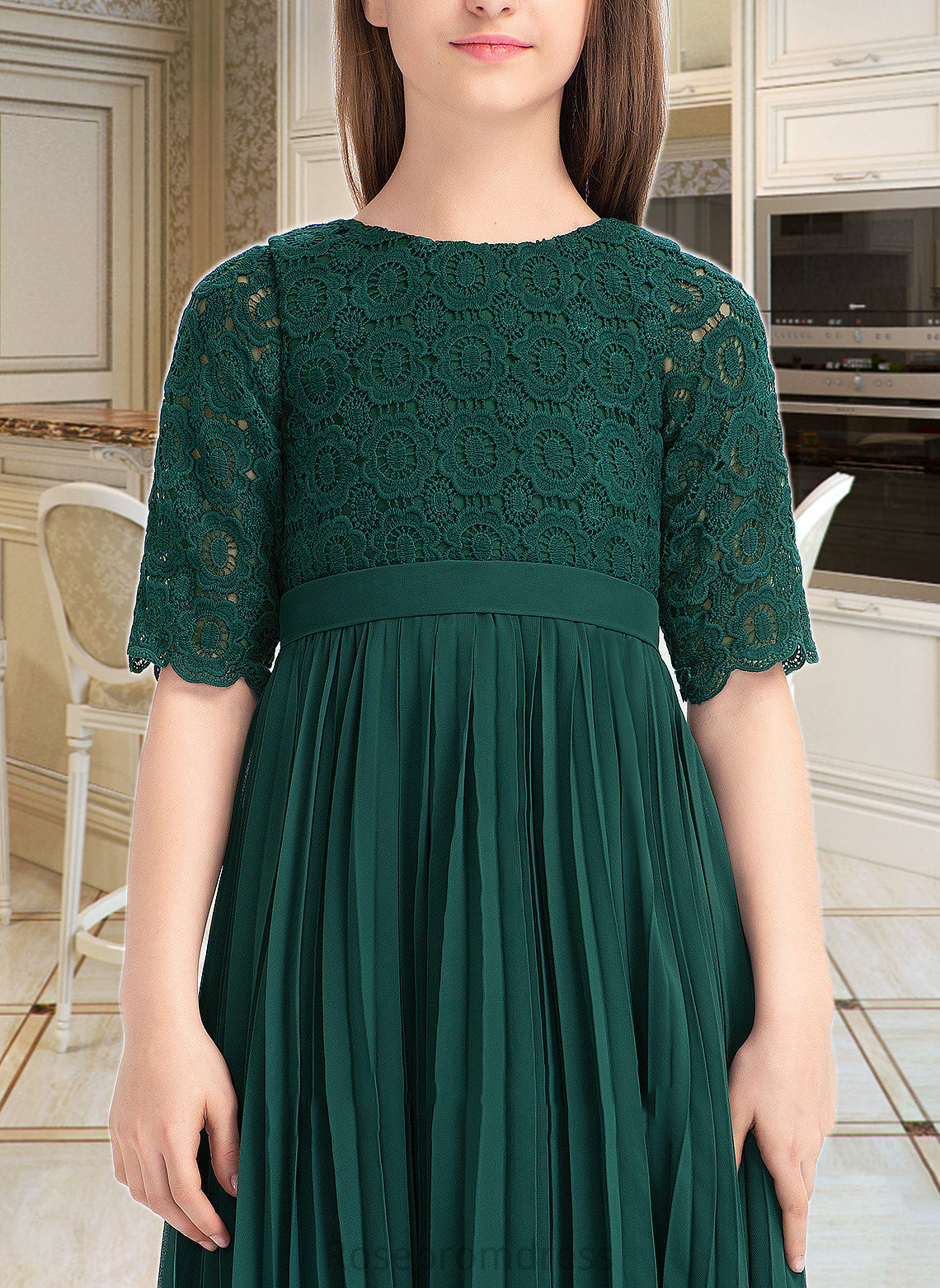 Nathaly A-Line Scoop Neck Tea-Length Chiffon Lace Junior Bridesmaid Dress With Pleated SRSP0013608