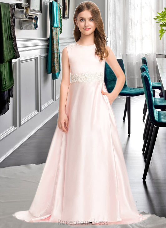 Kailee A-Line Scoop Neck Sweep Train Satin Lace Junior Bridesmaid Dress With Bow(s) Pockets SRSP0013609