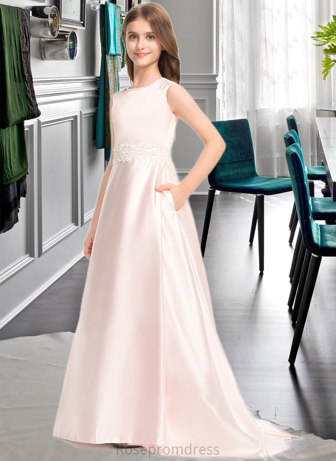 Kailee A-Line Scoop Neck Sweep Train Satin Lace Junior Bridesmaid Dress With Bow(s) Pockets SRSP0013609