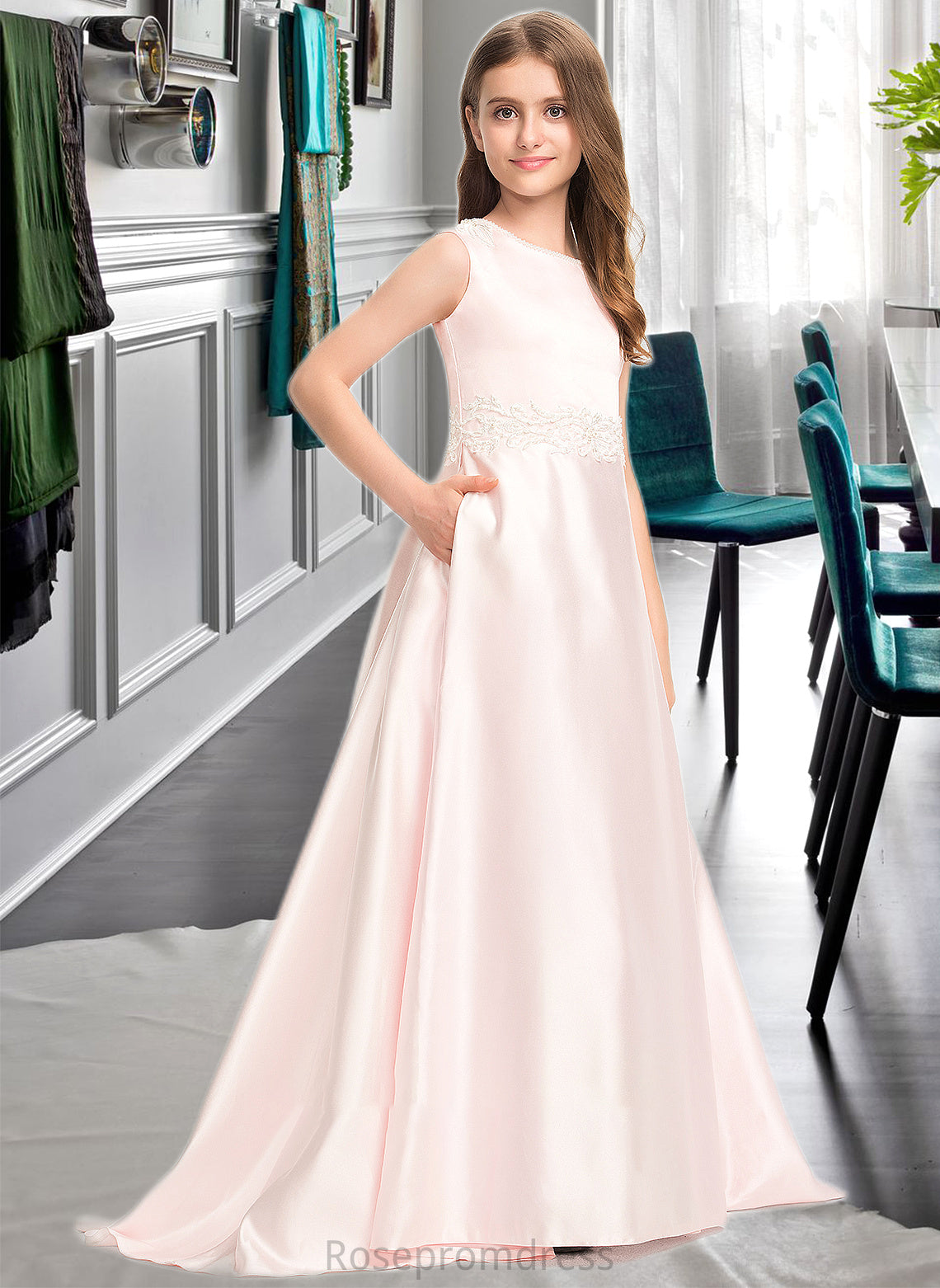 Kailee A-Line Scoop Neck Sweep Train Satin Lace Junior Bridesmaid Dress With Bow(s) Pockets SRSP0013609