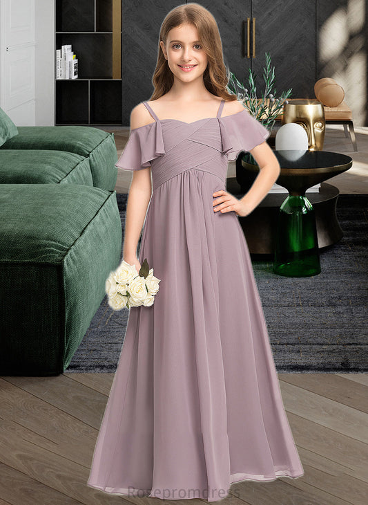 Dania A-Line Off-the-Shoulder Floor-Length Chiffon Junior Bridesmaid Dress With Ruffle SRSP0013610