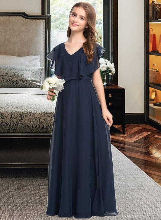 Elizabeth A-Line V-neck Floor-Length Chiffon Junior Bridesmaid Dress SRSP0013611