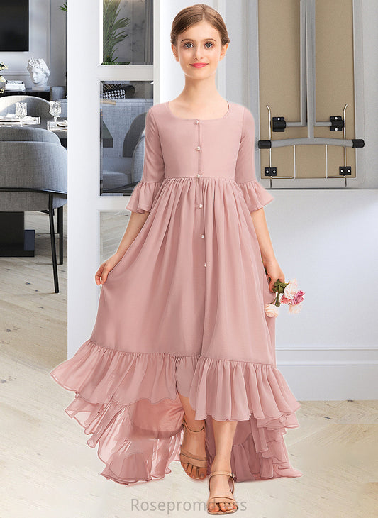 Kaila A-Line Scoop Neck Asymmetrical Chiffon Junior Bridesmaid Dress With Bow(s) Cascading Ruffles SRSP0013612
