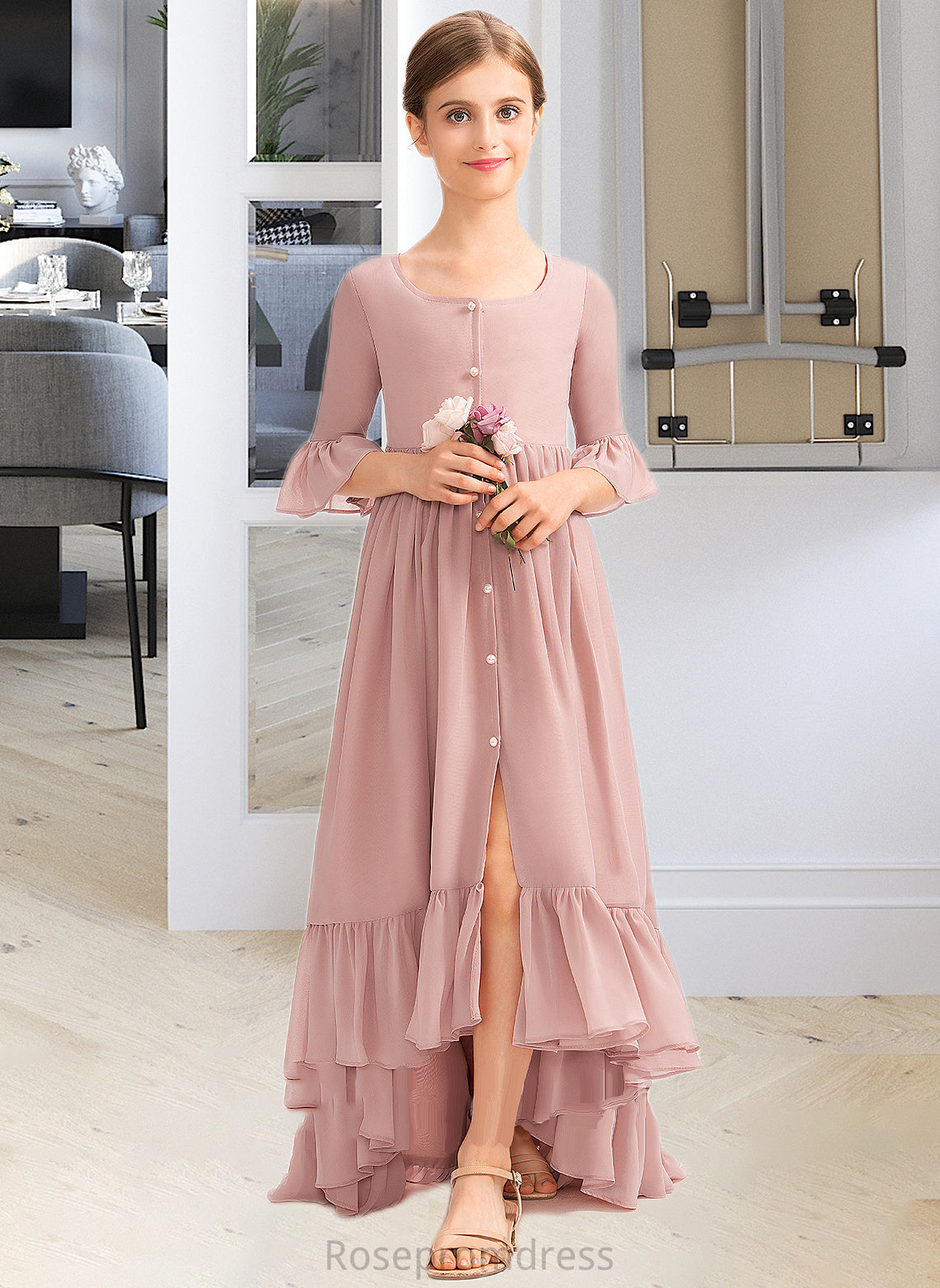 Kaila A-Line Scoop Neck Asymmetrical Chiffon Junior Bridesmaid Dress With Bow(s) Cascading Ruffles SRSP0013612
