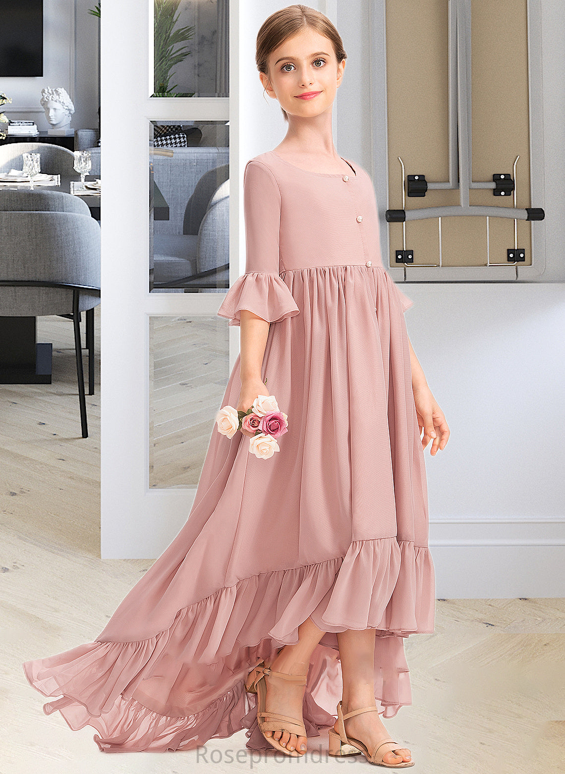 Kaila A-Line Scoop Neck Asymmetrical Chiffon Junior Bridesmaid Dress With Bow(s) Cascading Ruffles SRSP0013612