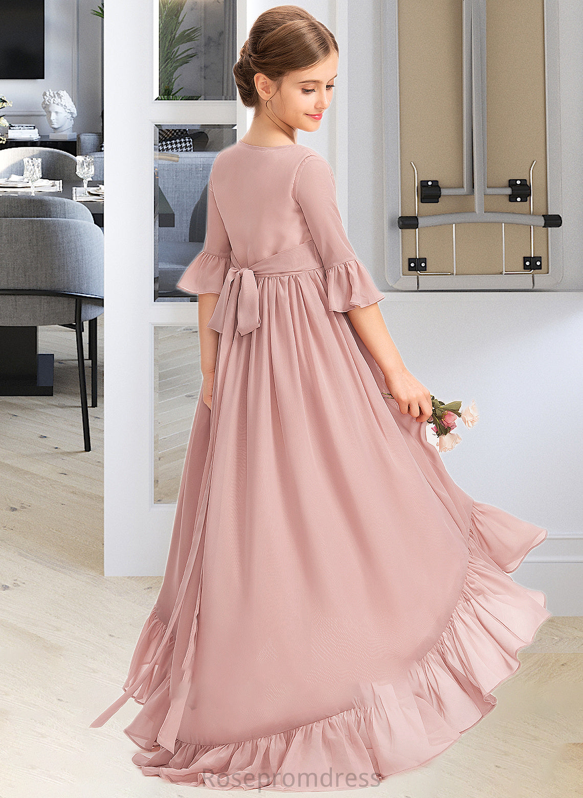Kaila A-Line Scoop Neck Asymmetrical Chiffon Junior Bridesmaid Dress With Bow(s) Cascading Ruffles SRSP0013612