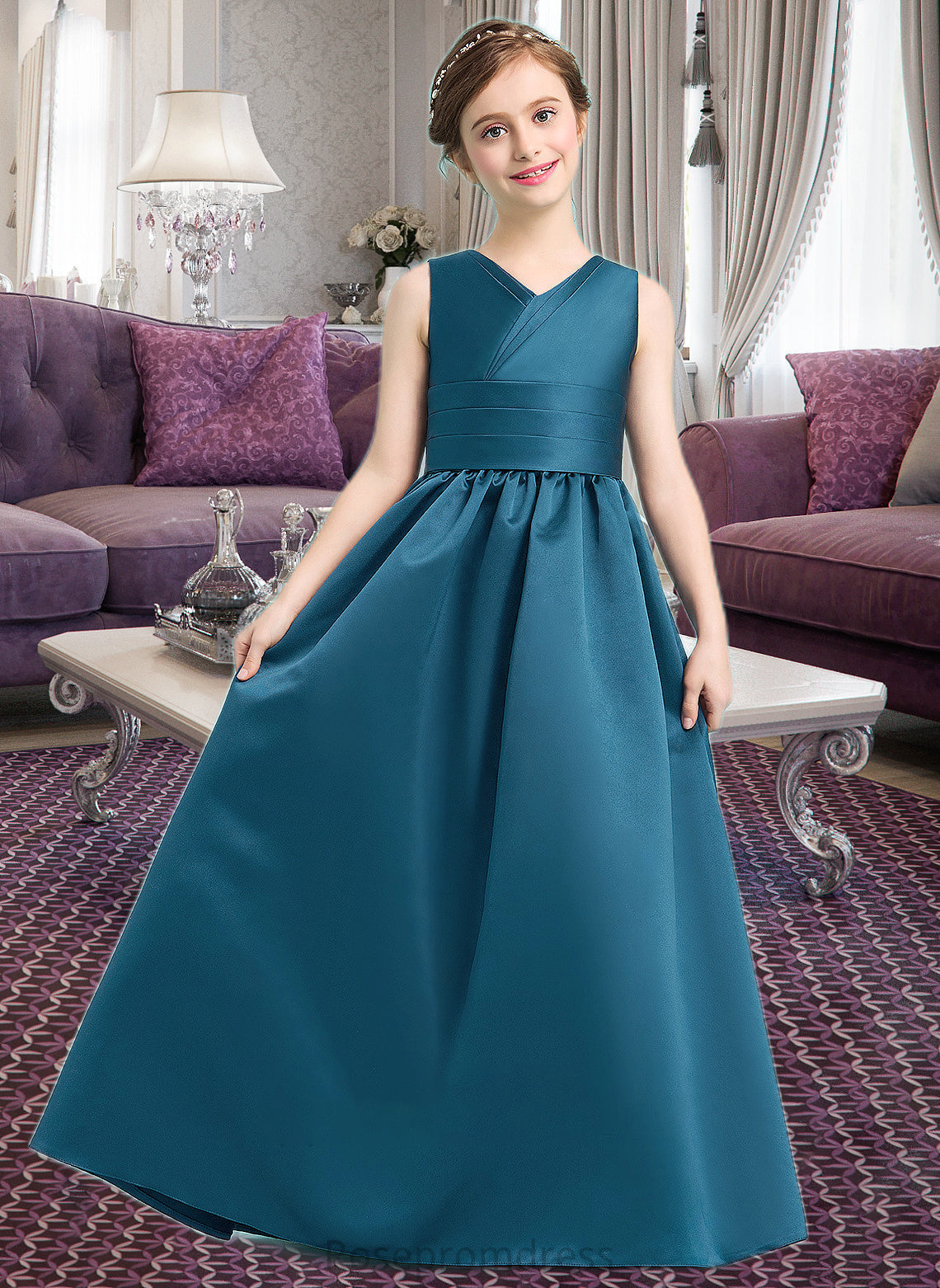 Whitney Ball-Gown/Princess V-neck Floor-Length Satin Junior Bridesmaid Dress With Ruffle SRSP0013613