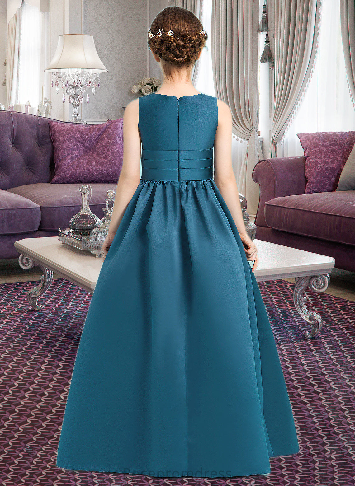 Whitney Ball-Gown/Princess V-neck Floor-Length Satin Junior Bridesmaid Dress With Ruffle SRSP0013613