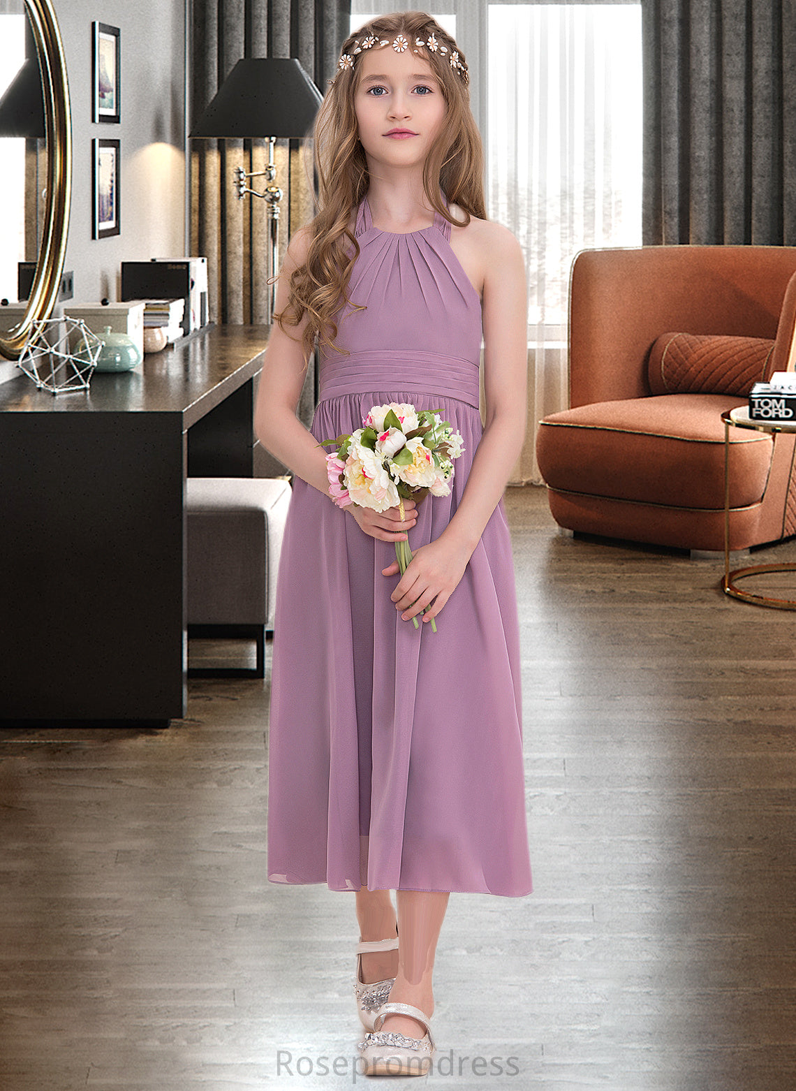 Adrienne A-Line Halter Tea-Length Chiffon Junior Bridesmaid Dress With Ruffle SRSP0013616