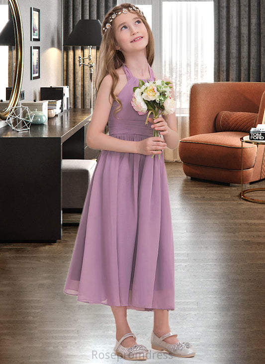 Adrienne A-Line Halter Tea-Length Chiffon Junior Bridesmaid Dress With Ruffle SRSP0013616