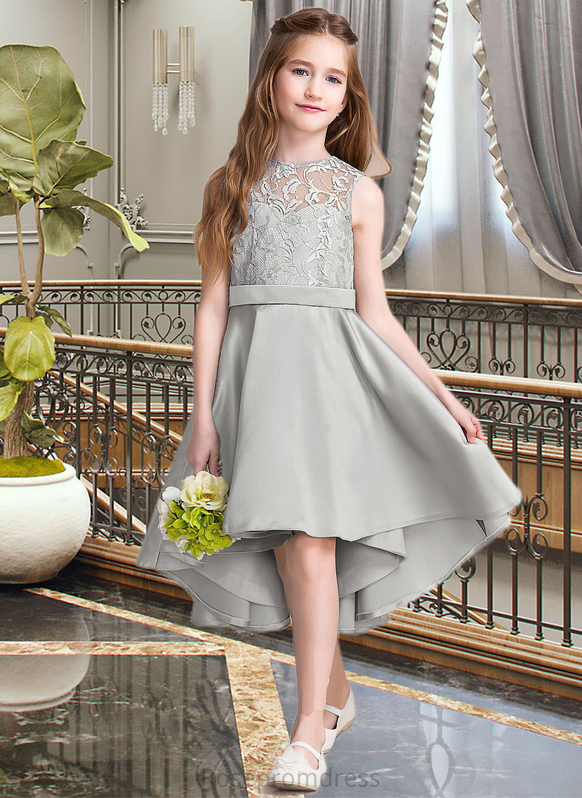 Gabriela A-Line Scoop Neck Asymmetrical Satin Junior Bridesmaid Dress SRSP0013618