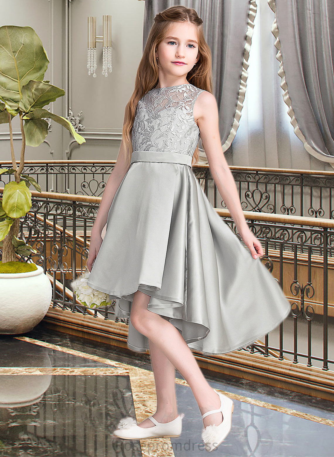 Gabriela A-Line Scoop Neck Asymmetrical Satin Junior Bridesmaid Dress SRSP0013618