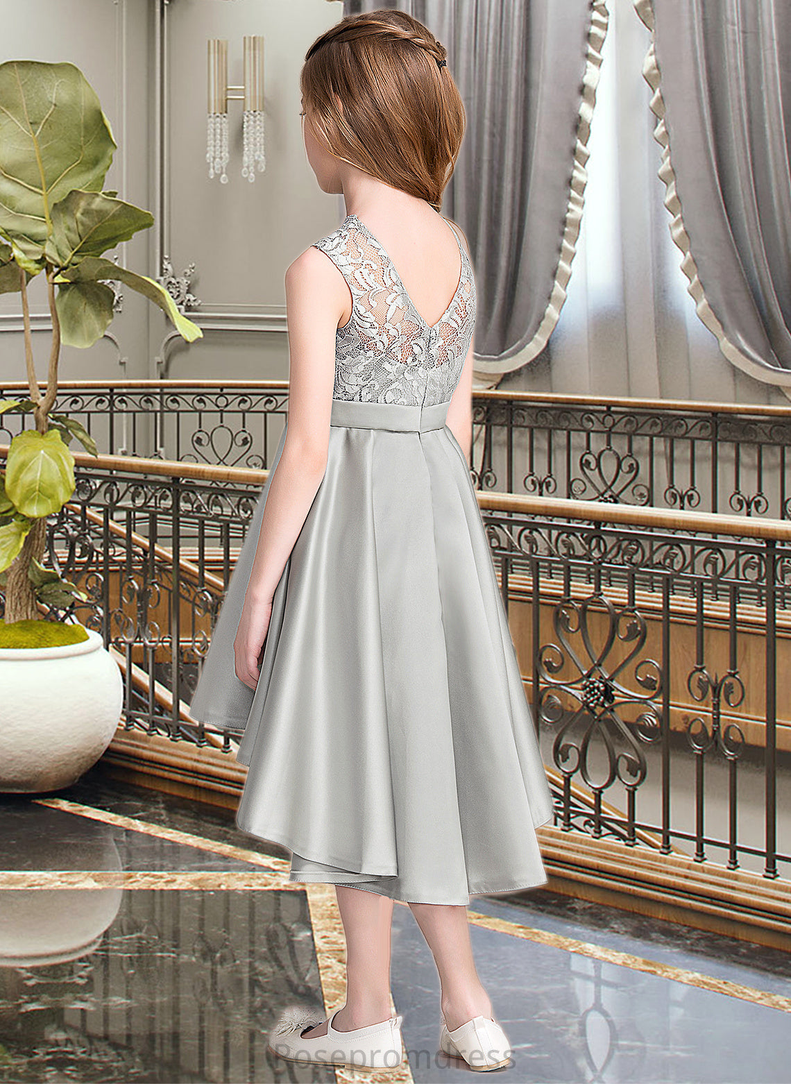 Gabriela A-Line Scoop Neck Asymmetrical Satin Junior Bridesmaid Dress SRSP0013618