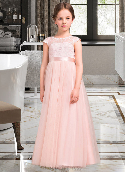 Melissa A-Line Scoop Neck Floor-Length Tulle Lace Junior Bridesmaid Dress With Bow(s) SRSP0013619