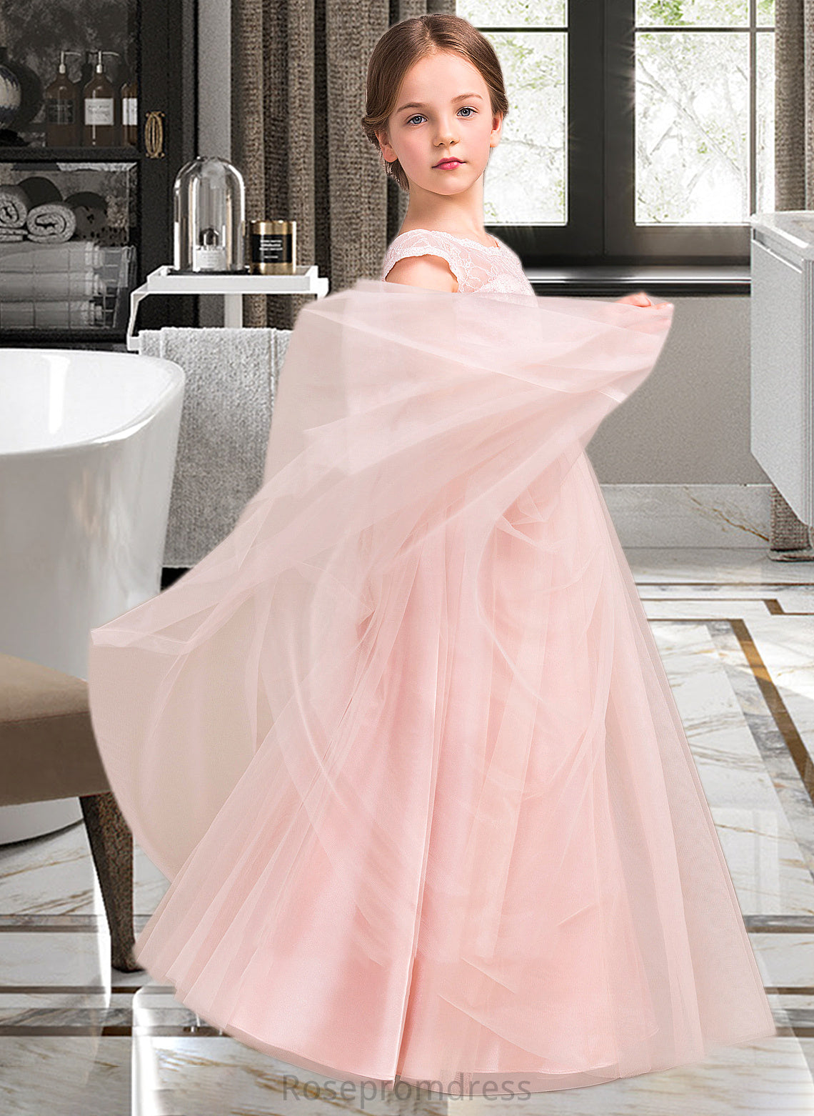 Melissa A-Line Scoop Neck Floor-Length Tulle Lace Junior Bridesmaid Dress With Bow(s) SRSP0013619