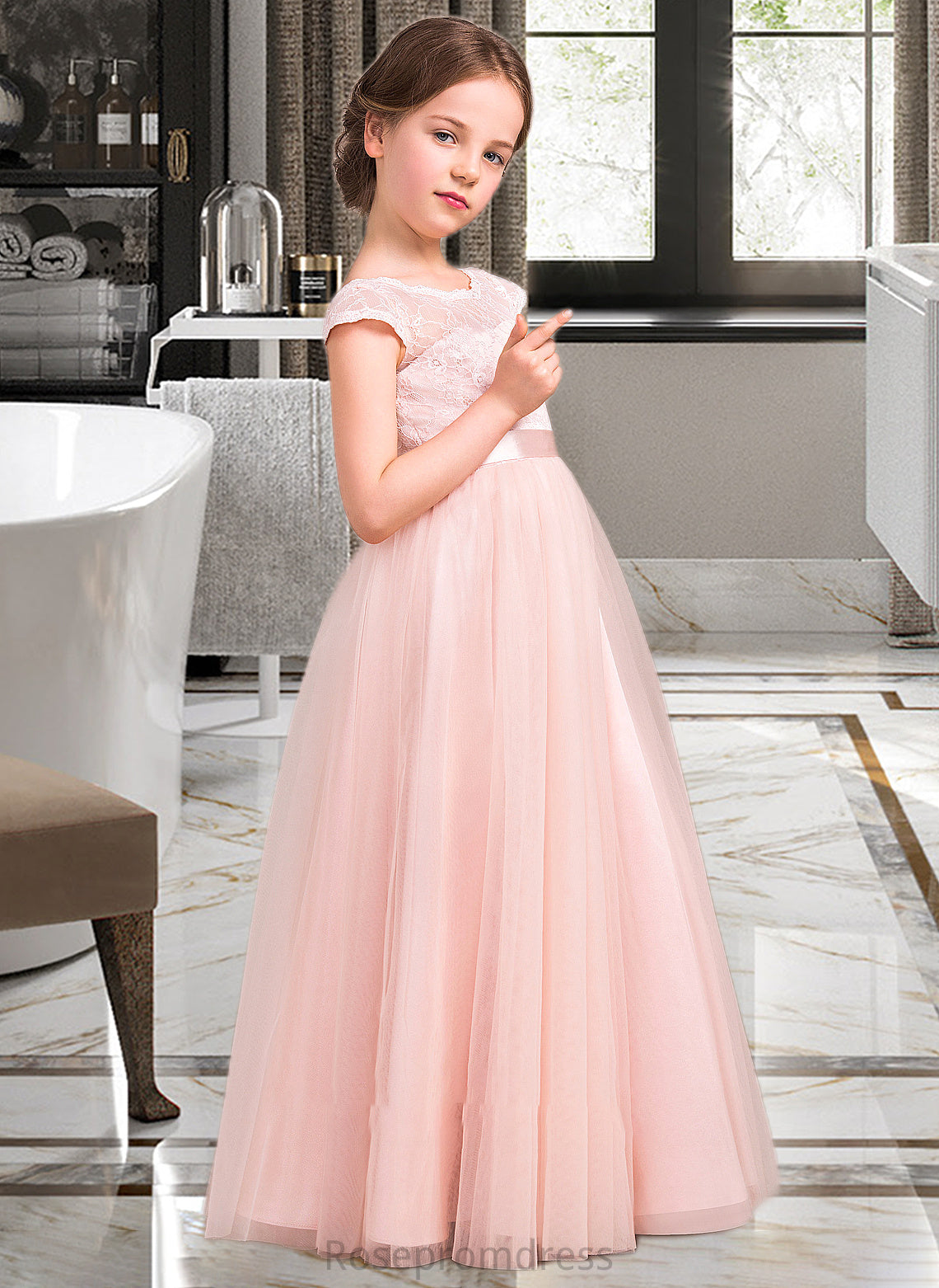 Melissa A-Line Scoop Neck Floor-Length Tulle Lace Junior Bridesmaid Dress With Bow(s) SRSP0013619