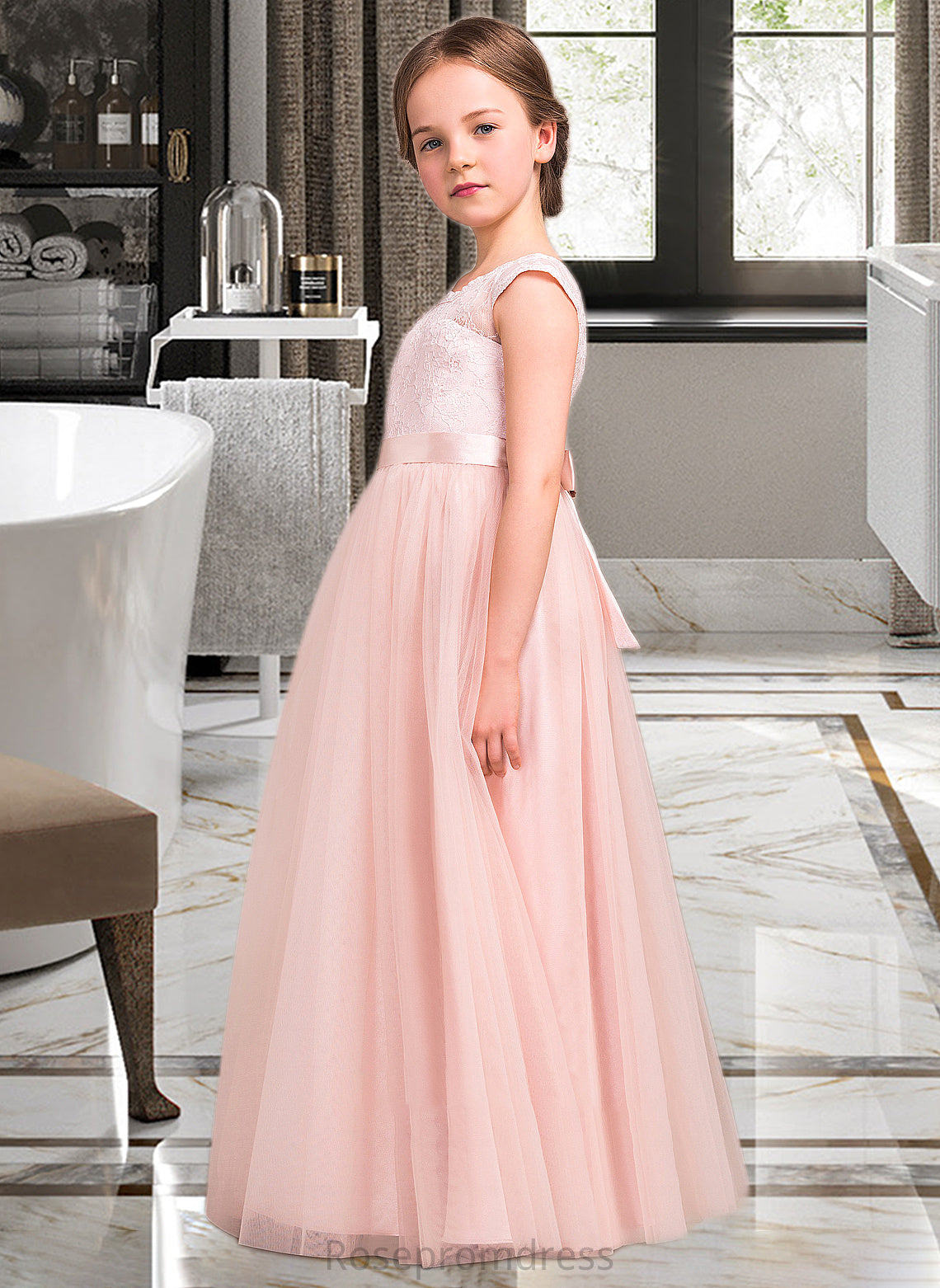 Melissa A-Line Scoop Neck Floor-Length Tulle Lace Junior Bridesmaid Dress With Bow(s) SRSP0013619