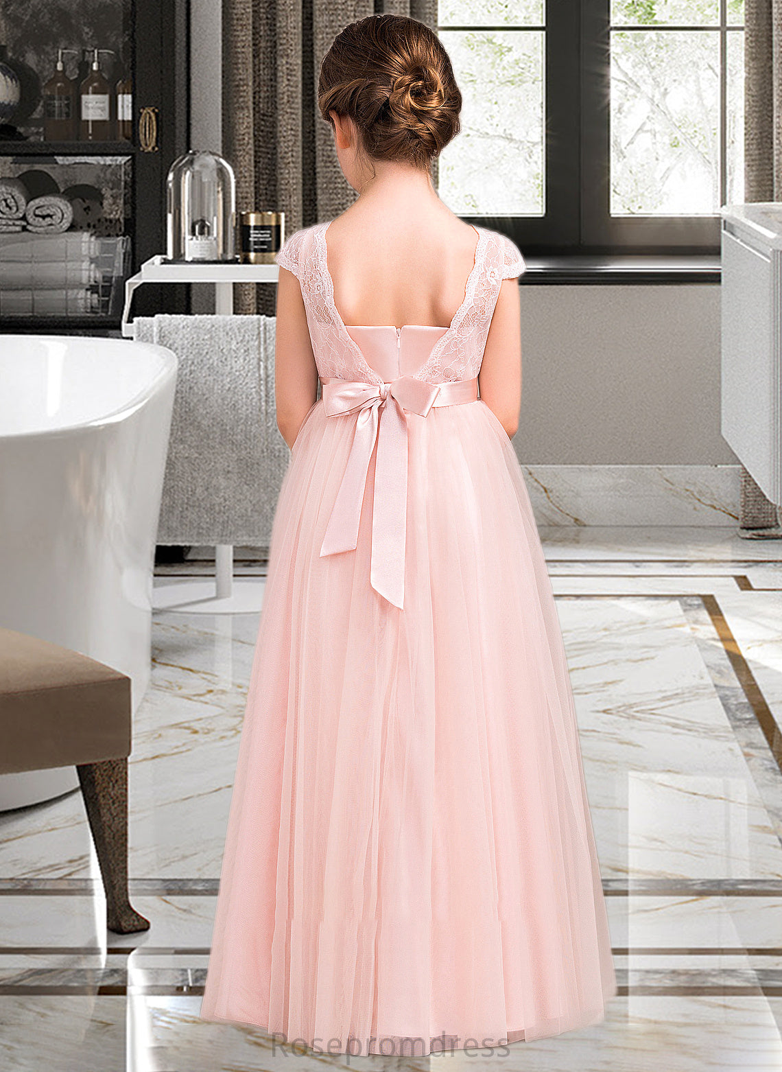 Melissa A-Line Scoop Neck Floor-Length Tulle Lace Junior Bridesmaid Dress With Bow(s) SRSP0013619