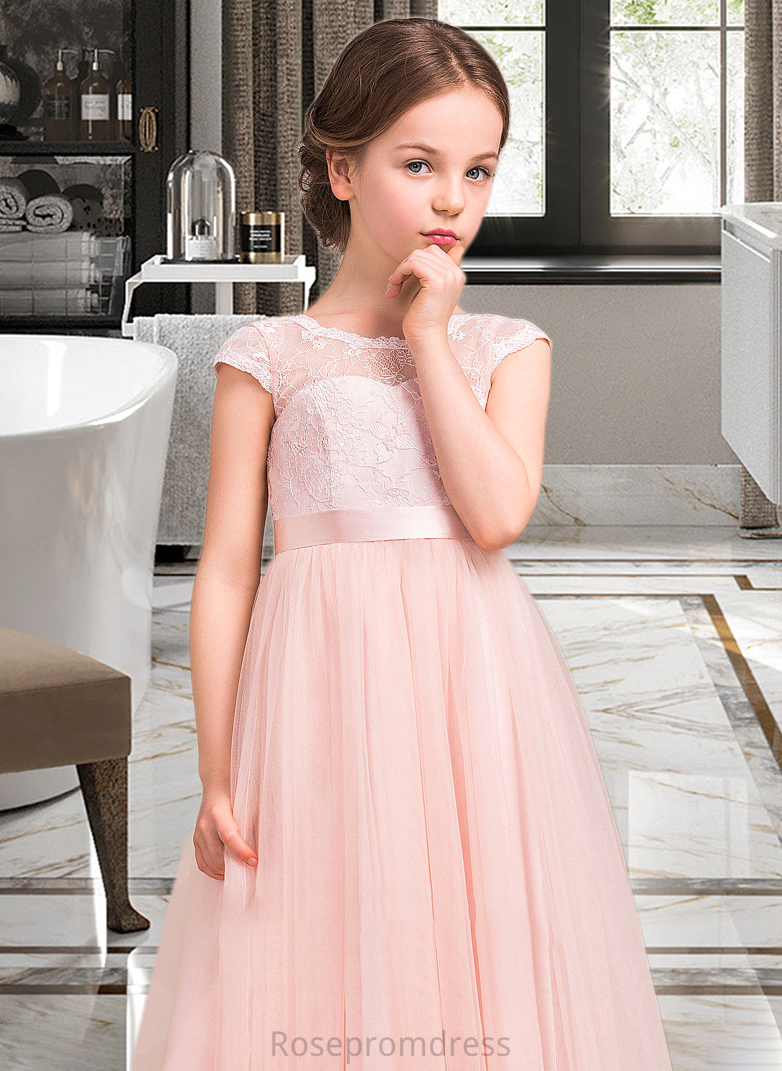Melissa A-Line Scoop Neck Floor-Length Tulle Lace Junior Bridesmaid Dress With Bow(s) SRSP0013619