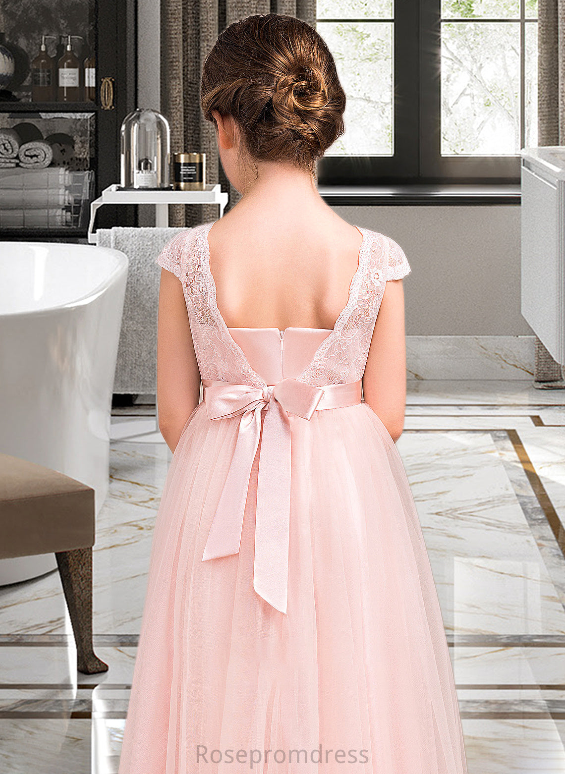 Melissa A-Line Scoop Neck Floor-Length Tulle Lace Junior Bridesmaid Dress With Bow(s) SRSP0013619