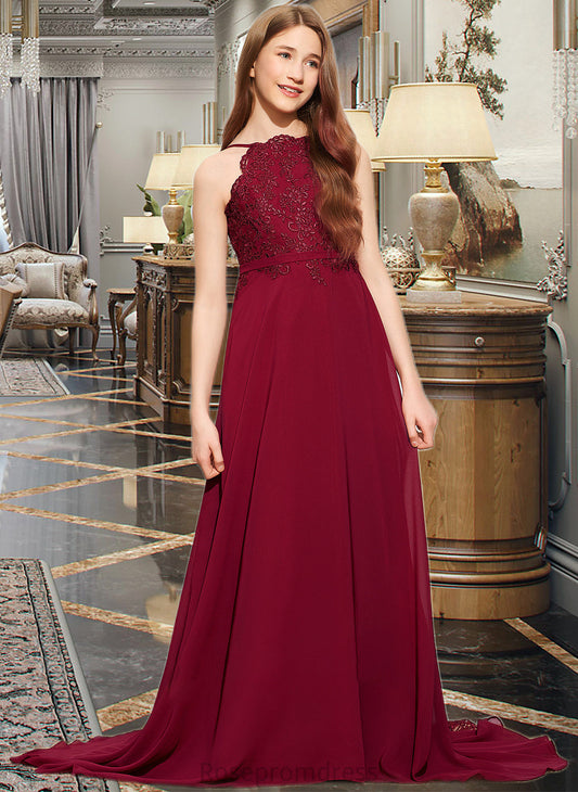 Izabelle A-Line Scoop Neck Sweep Train Chiffon Lace Junior Bridesmaid Dress SRSP0013620
