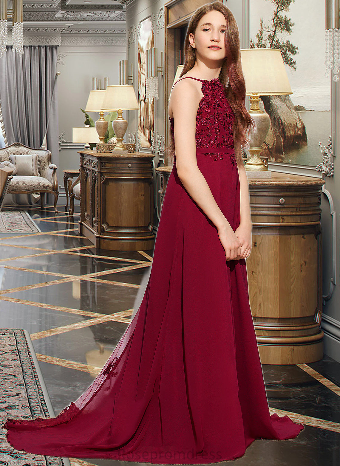 Izabelle A-Line Scoop Neck Sweep Train Chiffon Lace Junior Bridesmaid Dress SRSP0013620