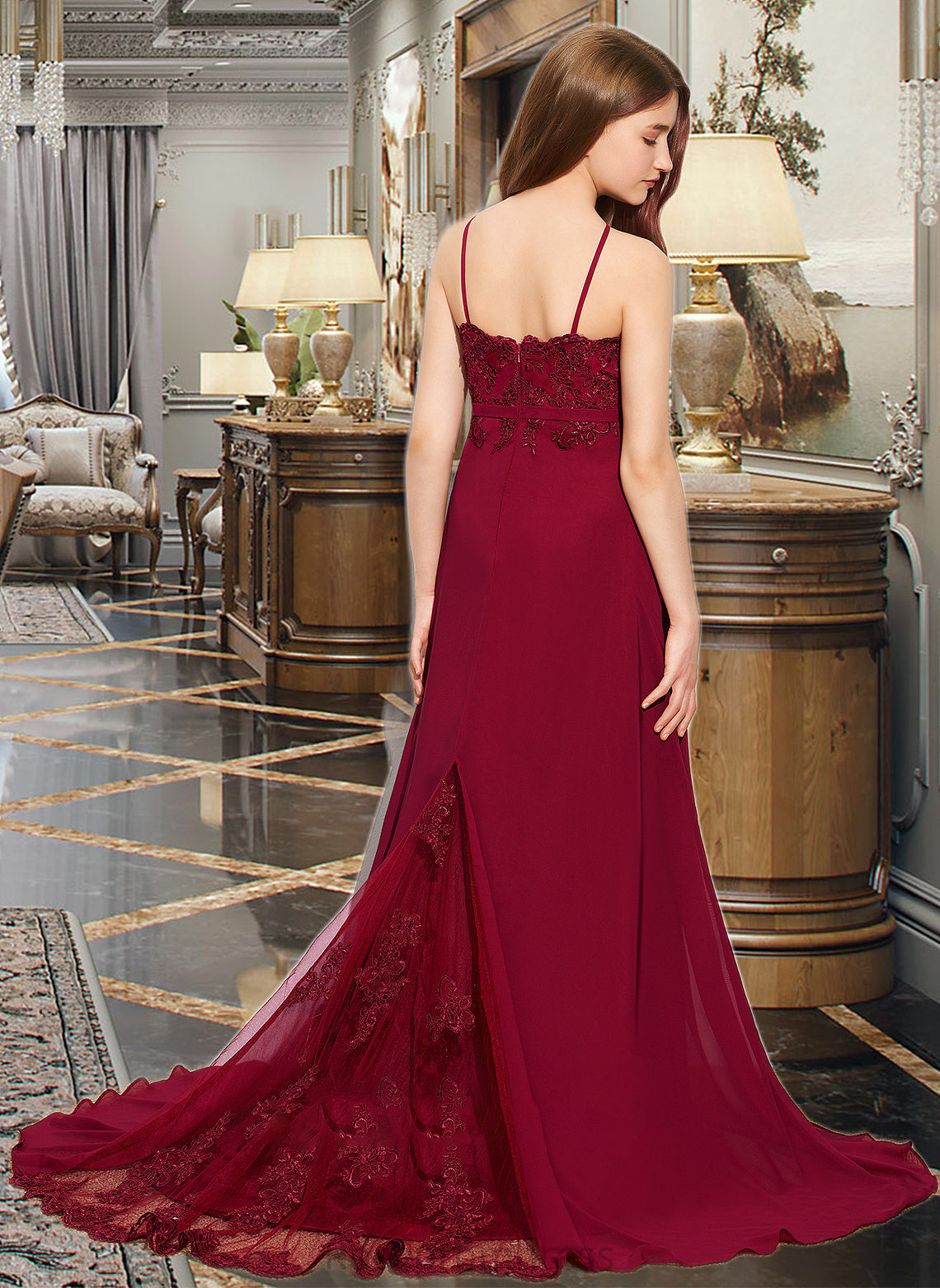 Izabelle A-Line Scoop Neck Sweep Train Chiffon Lace Junior Bridesmaid Dress SRSP0013620