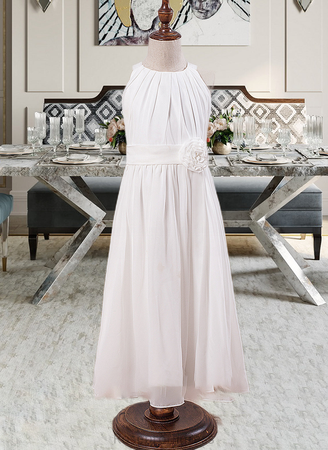 Annabelle A-Line Scoop Neck Ankle-Length Chiffon Junior Bridesmaid Dress With Flower(s) SRSP0013621