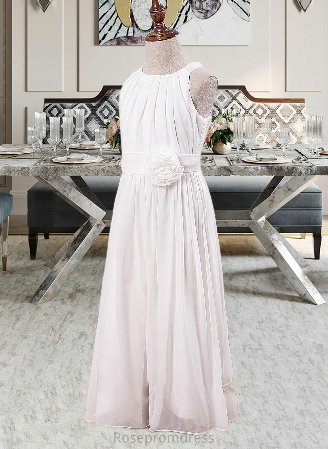 Annabelle A-Line Scoop Neck Ankle-Length Chiffon Junior Bridesmaid Dress With Flower(s) SRSP0013621