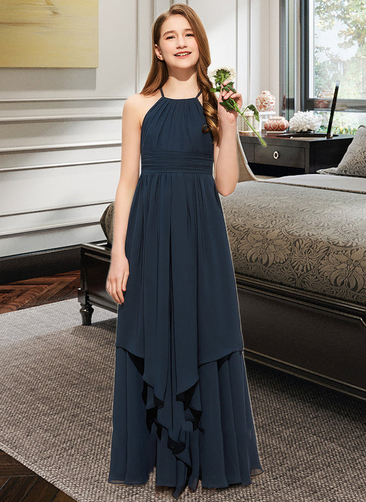 Michelle A-Line Scoop Neck Floor-Length Chiffon Junior Bridesmaid Dress With Cascading Ruffles SRSP0013622