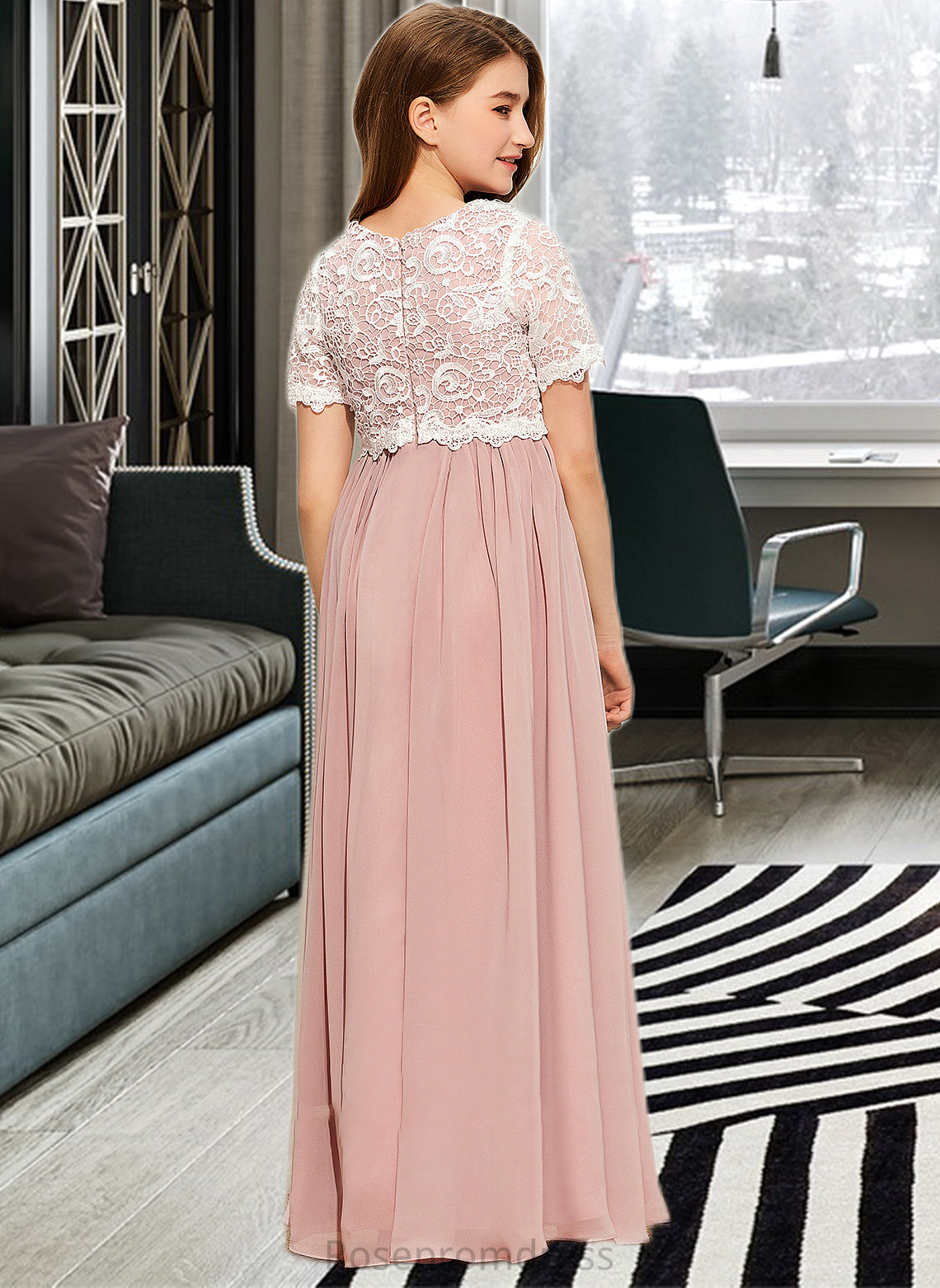 Angeline A-Line Scoop Neck Floor-Length Chiffon Lace Junior Bridesmaid Dress SRSP0013623