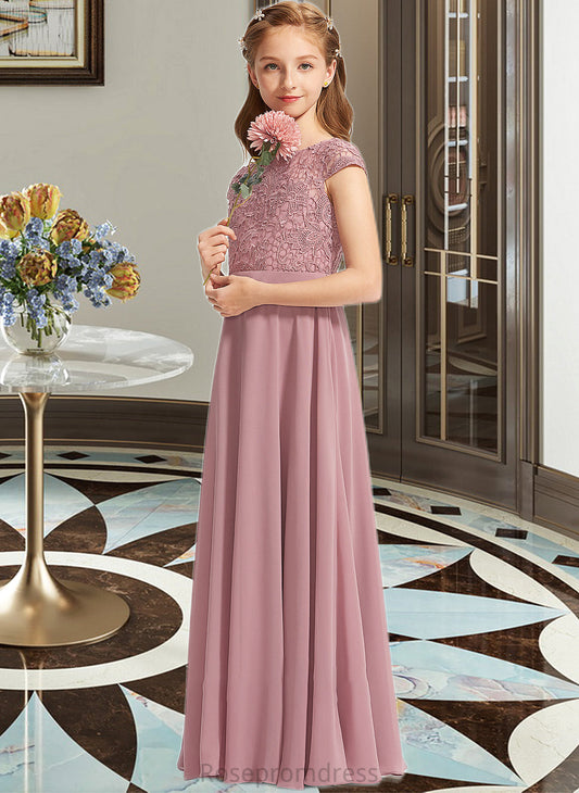 Eva A-Line Scoop Neck Floor-Length Chiffon Lace Junior Bridesmaid Dress SRSP0013624
