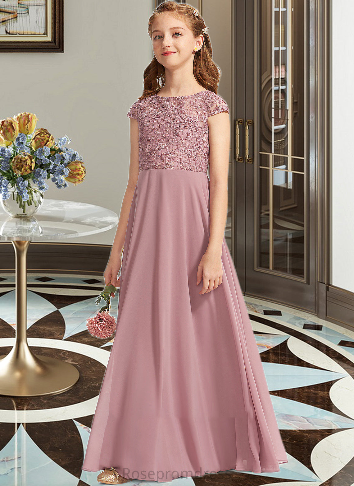Eva A-Line Scoop Neck Floor-Length Chiffon Lace Junior Bridesmaid Dress SRSP0013624