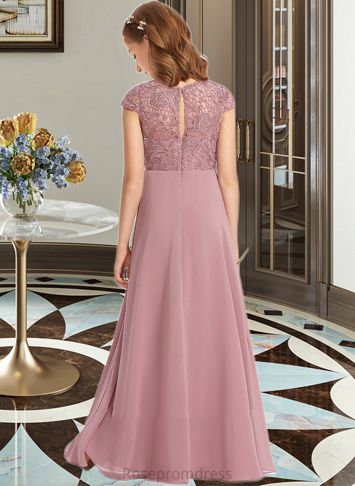 Eva A-Line Scoop Neck Floor-Length Chiffon Lace Junior Bridesmaid Dress SRSP0013624