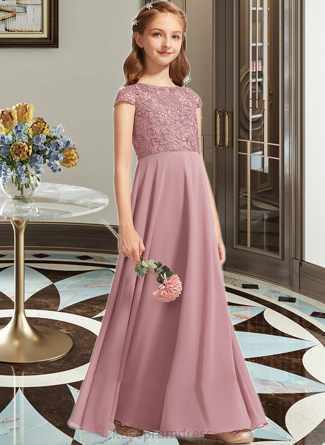 Eva A-Line Scoop Neck Floor-Length Chiffon Lace Junior Bridesmaid Dress SRSP0013624