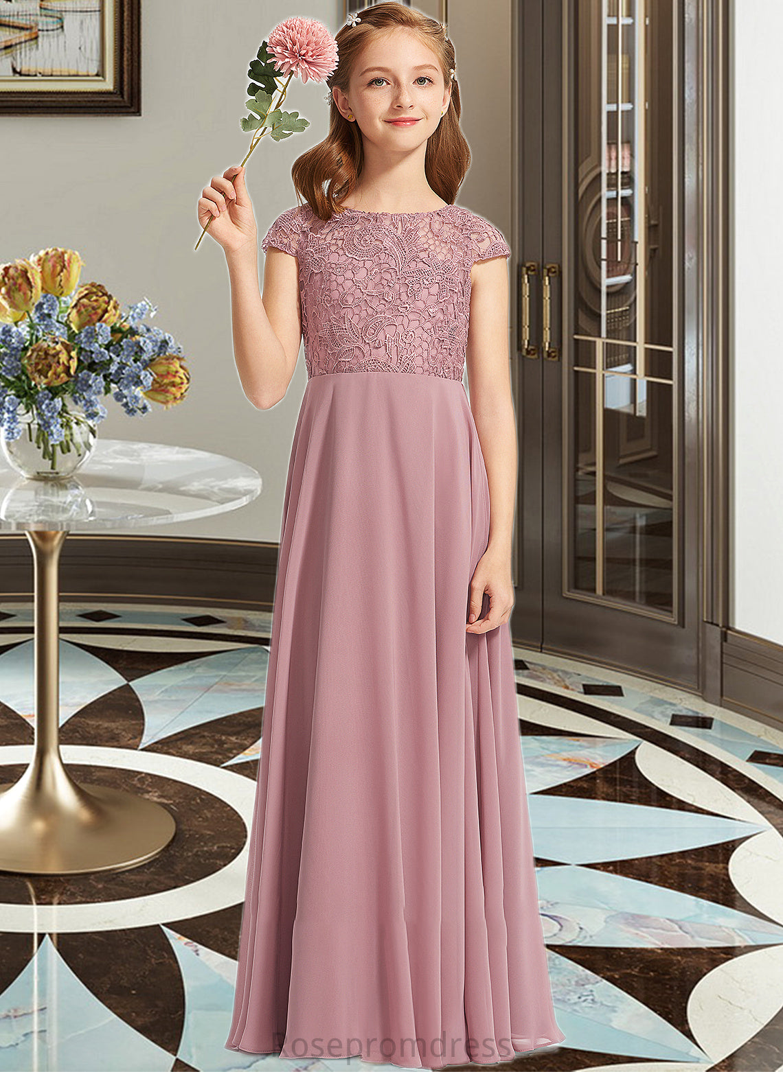 Eva A-Line Scoop Neck Floor-Length Chiffon Lace Junior Bridesmaid Dress SRSP0013624
